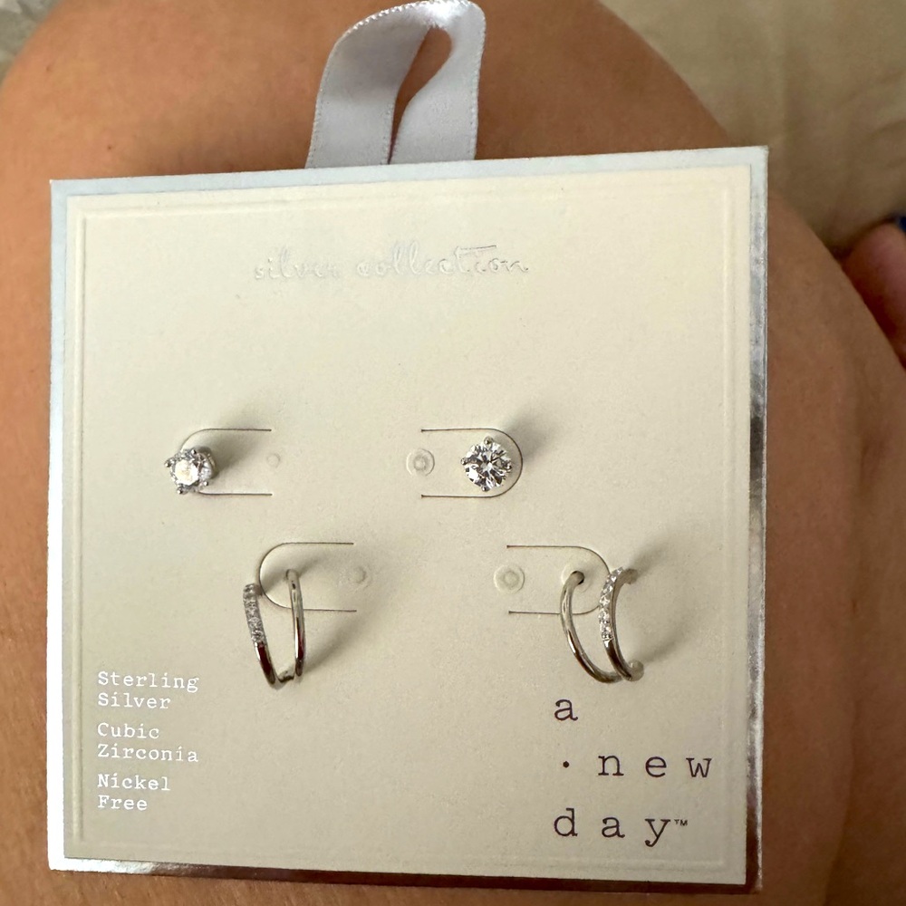 A. new day Silver Zirconia Stud and Hoop Earrings